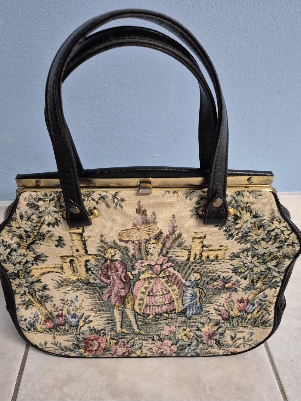 VTG 1950s LA MARQUISE FRENCH PASTORAL TAPESTRY BAG